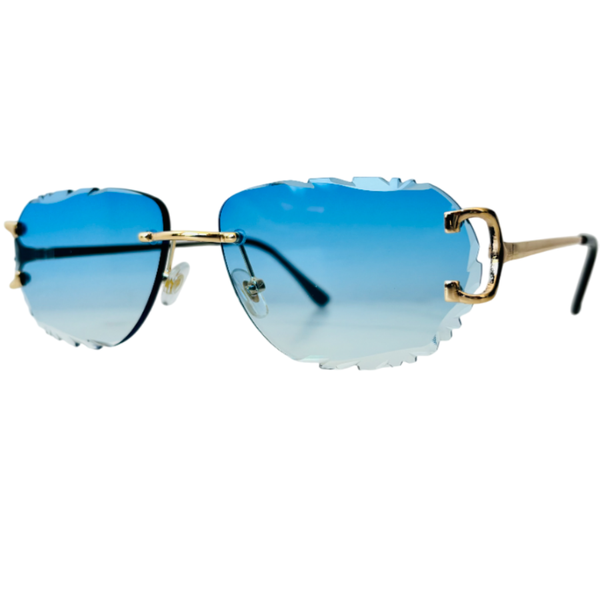 ATRIA AZZURRO - Lunettes de Soleil Sans Monture Bleu Dégradé à Découpe Dentelée - Branches Dorées