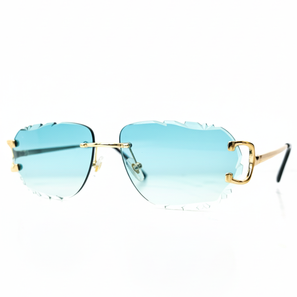 ATRIA BLU TURCHESE - Lunettes de Soleil Sans Monture Bleu Turquoise Dégradé à Découpe Dentelée - Branches Dorées